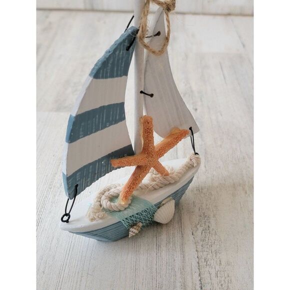 Wooden sail boat blue starfish glitter shell large ornament xmas - Picture 2 of 6